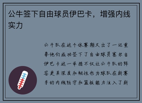 公牛签下自由球员伊巴卡，增强内线实力